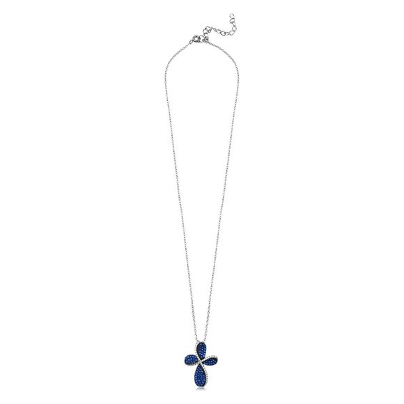 Silver 925 Black and Rhodium Plated Cross with Blue and Clear CZ Necklace